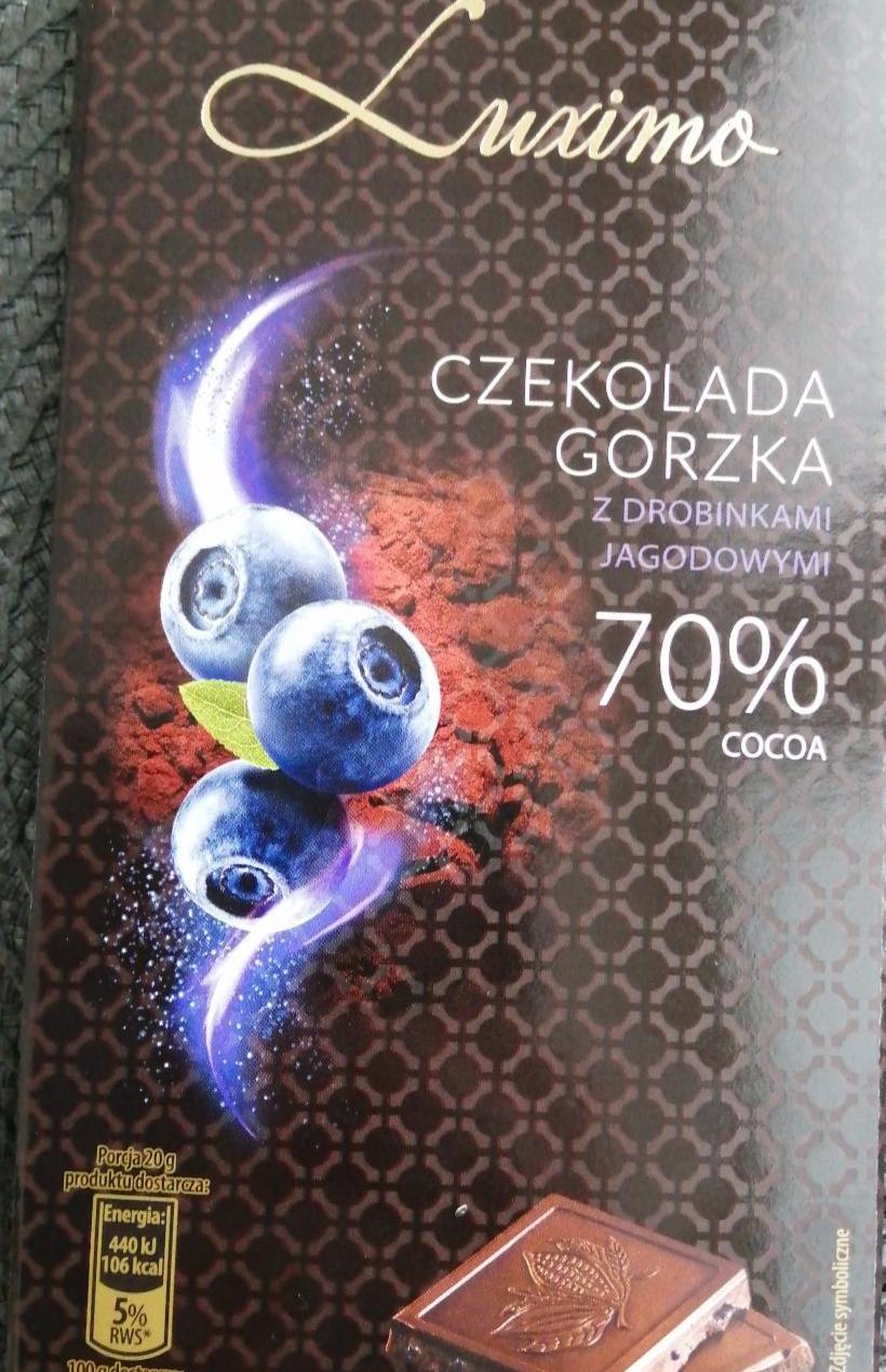 Fotografie - Czekolada gorzka 70% cocoa z drobinkami jagodowymi Luximo