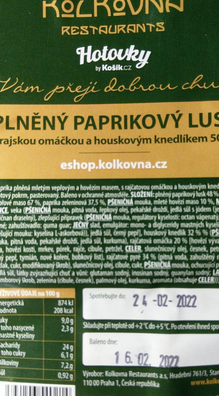 Fotografie - Plněný paprikový lusk s rajskou omáčkou a houskovým knedlíkem Kolkovna Hotovky Košík.cz