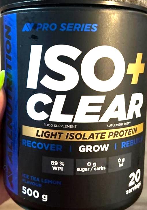 Fotografie - Iso + Clear Light isolate protein Ice tea Lemon Allnutrition