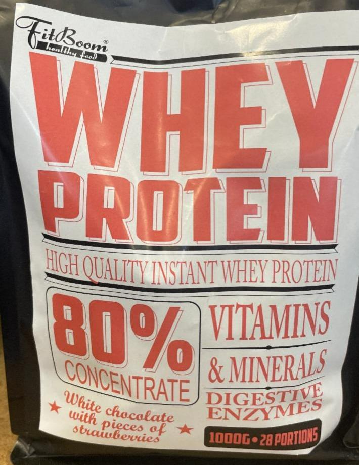 Fotografie - Whey protein 80% Concentrate White chocolate with pieces of strawberries FitBoom